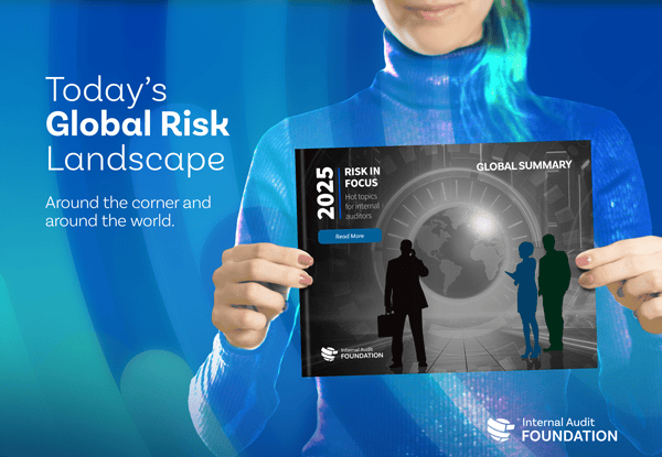 Risk in Focus tile with a person holding the global report cover