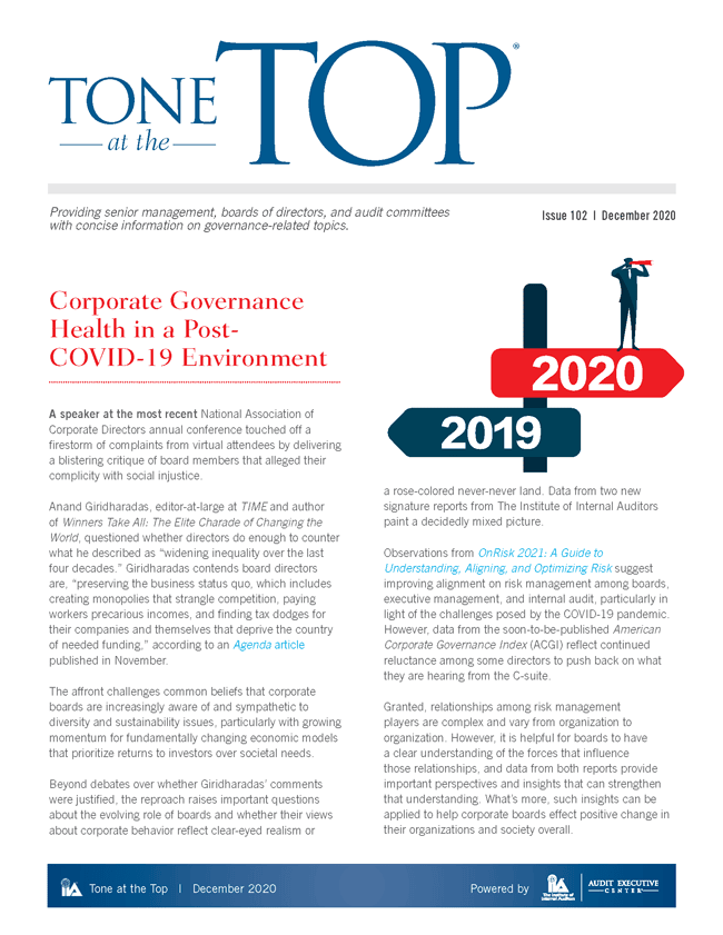 Tone at the Top: Corporate Governance Health in a Post-COVID-19 Environment