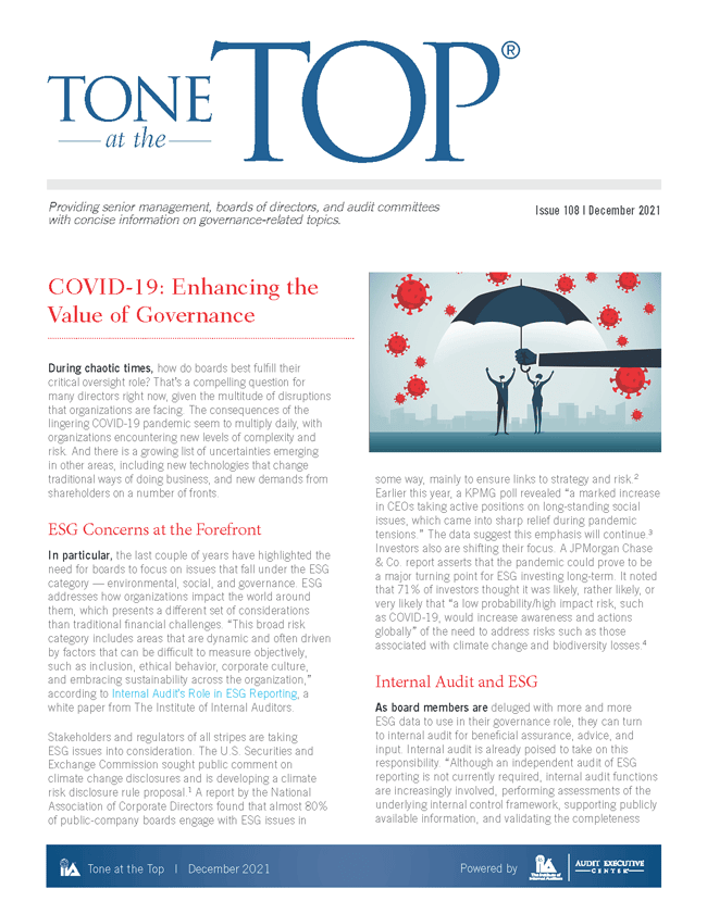 Tone at the Top: COVID-19: Enhancing the Value of Governance