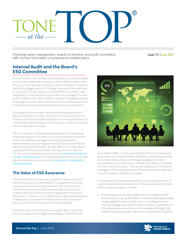 Tone at the Top: Internal Audit and the Board's ESG Committee