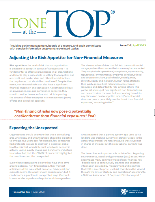 Tone at the Top: Adjusting the Risk Appetite for Non-Financial Measures