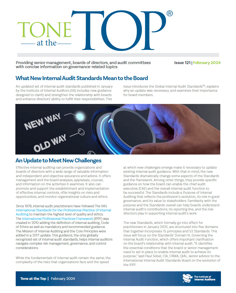 Tone at the Top: What New Internal Audit Standards Mean to the Board